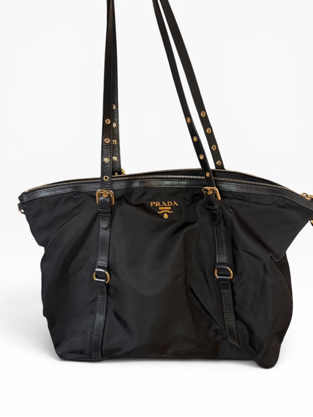 Authentic Prada Black Tessuto Nylon & Saffiano Leather Large Tote Bag